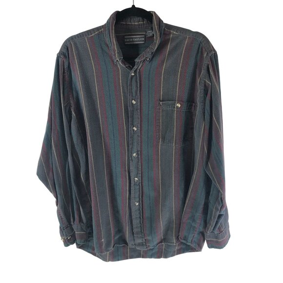 David Taylor Mens Flannel Shirt Button Down Chest Pocket Cotton Striped Gray L - Picture 1 of 3